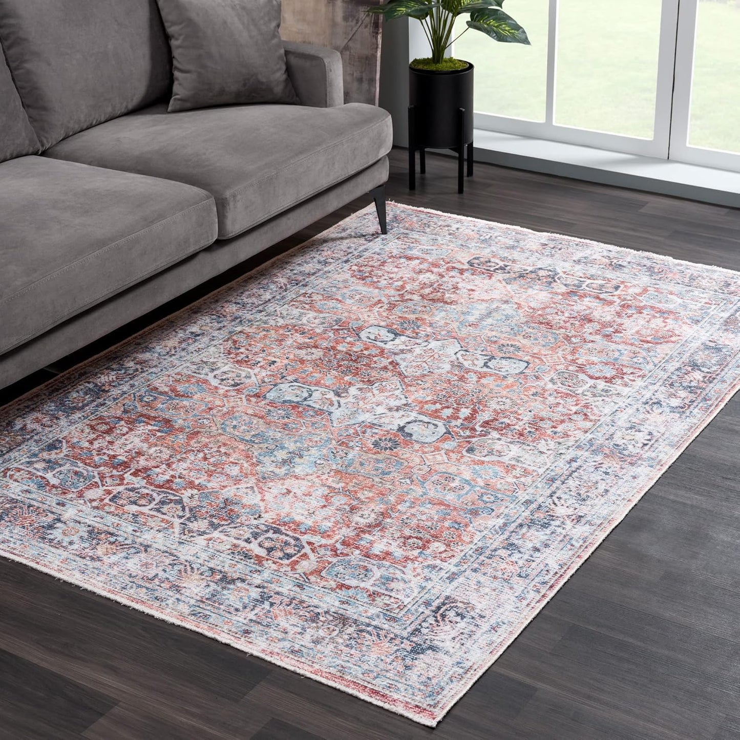 Bloom Rugs Washable Non-Slip 2x3 Rug - Brick/Dark Blue Traditional Oriental Area Rug for Living Room, Bedroom, Dining Room, and Kitchen - Exact Size: 2' x 3'