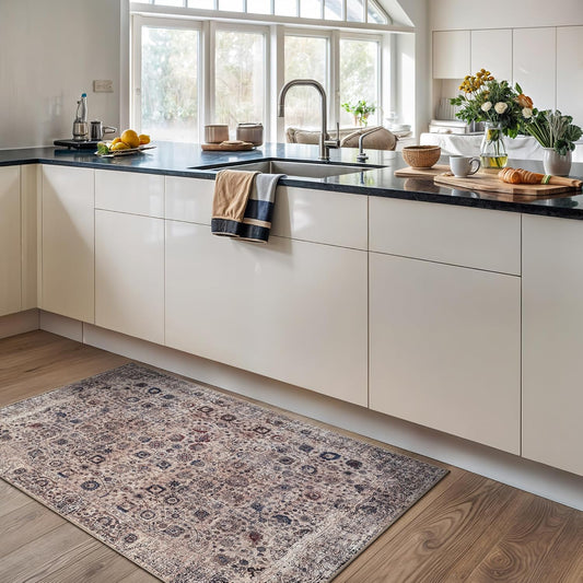 Bloom Rugs Washable Non-Slip 3' x 5' Rug - Light Tan/Blue Traditional Oriental Area Rug for Living Room, Bedroom, Dining Room, and Kitchen - Exact Size: 3' x 5'