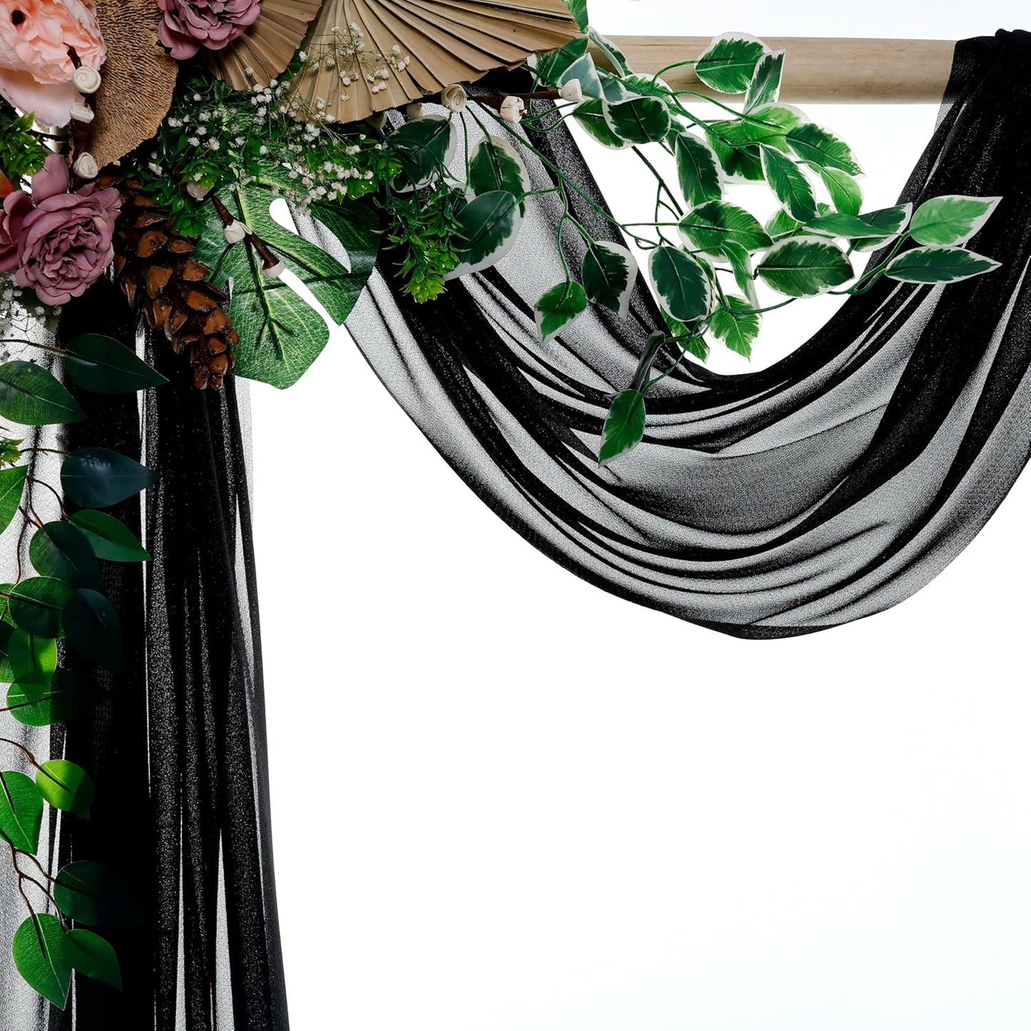VDS Pack of 2 Panel (30 Inch X 100 Feet) Wedding Arch Draping Fabric Sheer Chiffon Fabric Drapery for Wedding Ceremony Reception Swag Backdrop Canopy Chuppah ARBO Altars Decoration (Black)