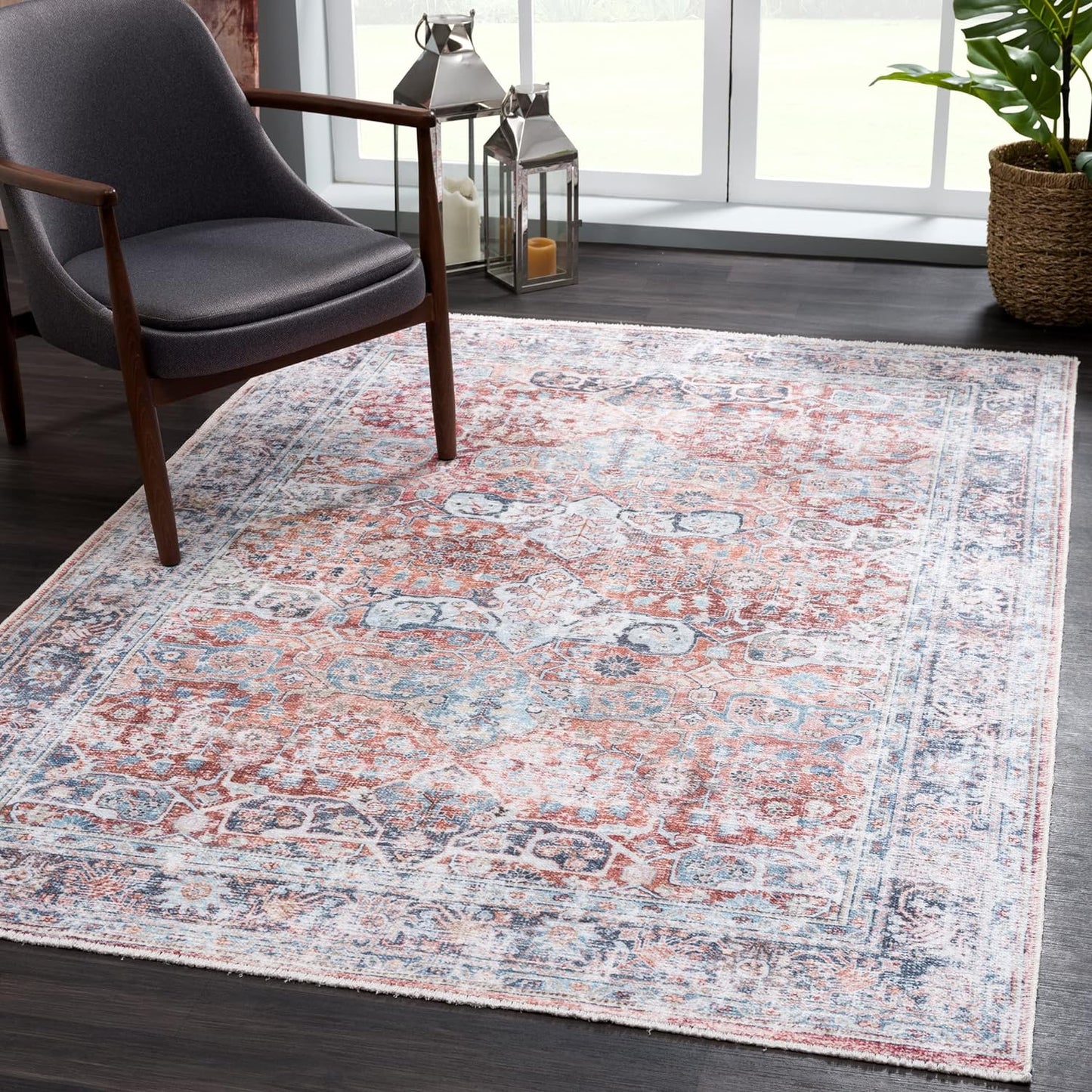 Bloom Rugs Caria Washable Non-Slip 6x9 Rug - Brick/Dark Blue Traditional Area Rug for Living Room, Bedroom, Dining Room, and Kitchen - Exact Size: 6' x 9'