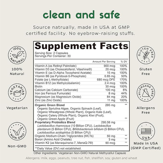 Zenkgo Women's Vitamins + Probiotics 25B CFU + Organic Whole Foods, Supports Immunity, Digestion, Energy, Daily Vitamins A, E, B6, B12, Vegan D3, K2 (MK-7), Folate, Minerals, Superfoods(60Ct/30Day)