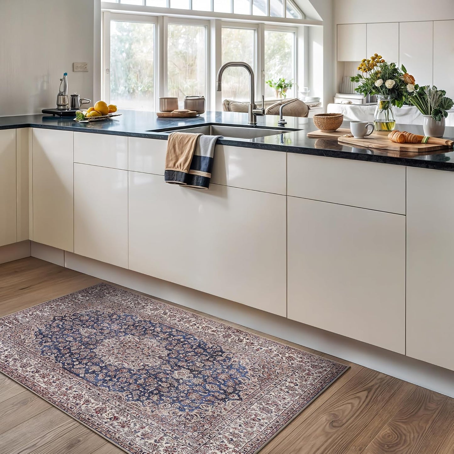 Bloom Rugs Washable Non-Slip 3' x 5' Rug - Dark Blue/Beige Traditional Medallion Area Rug for Living Room, Bedroom, Dining Room, and Kitchen - Exact Size: 3' x 5'