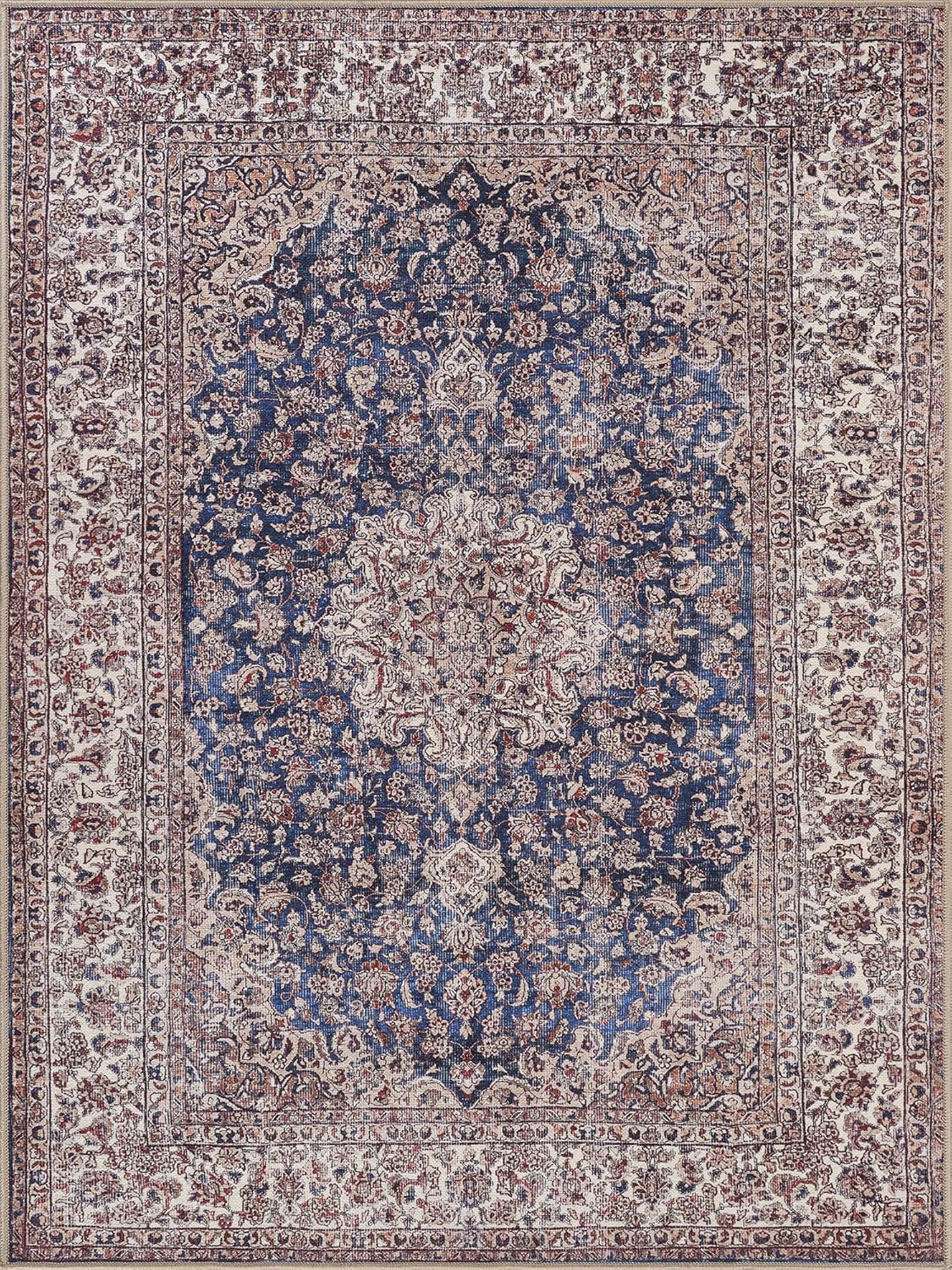 Bloom Rugs Washable Non-Slip 8' x 10' Rug - Dark Blue/Beige Traditional Medallion Area Rug for Living Room, Bedroom, Dining Room, and Kitchen - Exact Size: 8' x 10'